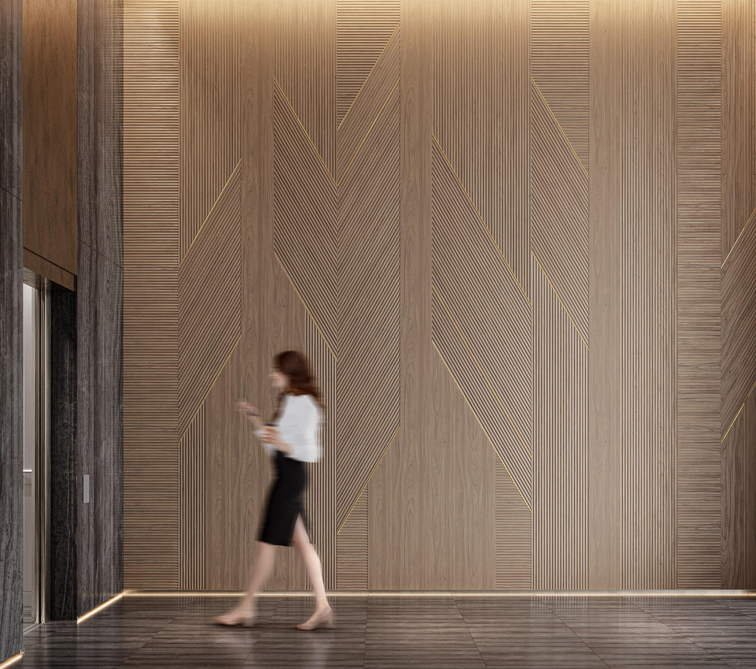 Boutique Cremorne office lobby with premium detailed wooden panelling